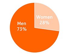 piechart: distribution of men and women in three levels below senior leadership roles: Men 73% / Women 27%