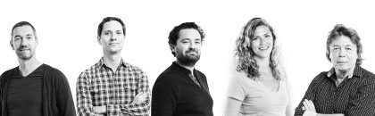 Left to right: Martin Boerma (Designer), Rob Willems (CIO, co-founder), </br>Alexander Brouwer (CEO, co-founder),  Leonieke van der Peet (Agile & Lean </br>specialist) and Jan Donselaar (Actuary)