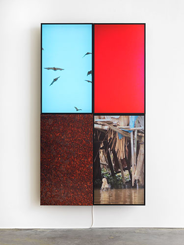 <center>Markus Selg (1974) <br><em>Refuge (Ganvie)</em>, 2014 <br>filmframe, 3 screens / sublimation print on fabric, 4 parts<center>
