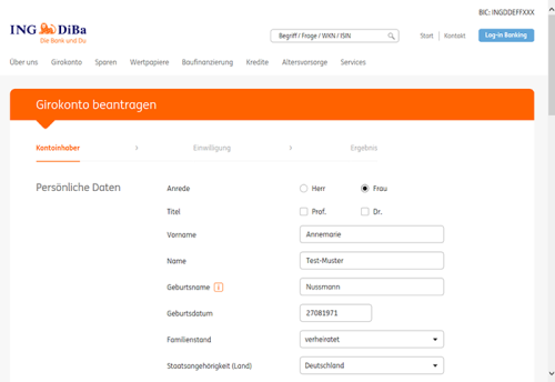 Step one in the fully digital account-opening process of ING-DiBa