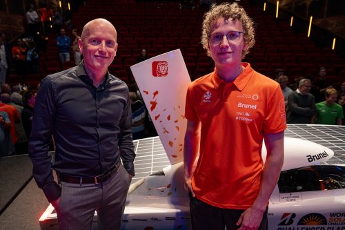 ING’s Michel Zuidgeest and son Ruben at the launch of the Brunel Solar team’s car that will compete in the World Solar Challenge in August. Photos by Hans-Peter van Velthoven.