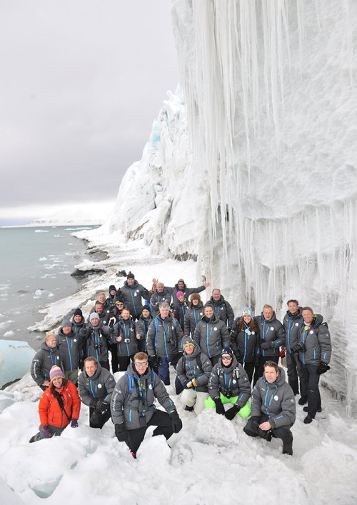 Bernice Notenboom (in red) with expedition members in the Arctic during the two-degree challenge trip in April 2017. “After four days, competitors became best friends.” 