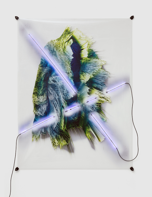 Florian Auer (1984)<br /><em>Not Yet Titled (Volumetric Lighting)</em>, 2018<br />185 x 140 cm<br />Digital print on transparent PVC, led stripes, cable power adapter and plastic clips
