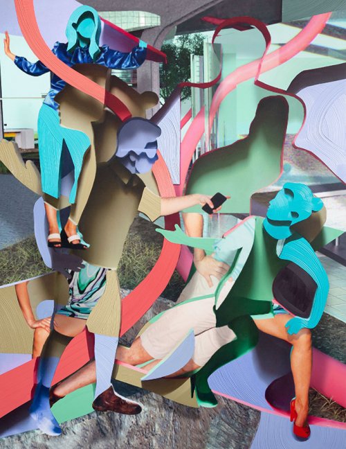 Pieter Schoolwerth (1970) <br /><em>Behavioral Surplus Capture</em> (2019) <br />220 x 70 cm <br />Oil, acrylic, inkjet print on oil on canvas